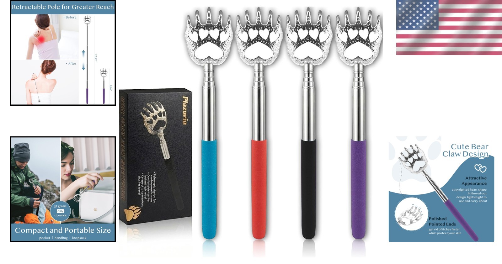 (4-Pack) Extendable Back Scratchers – Metal Claws with Telescopic Rubber Handles