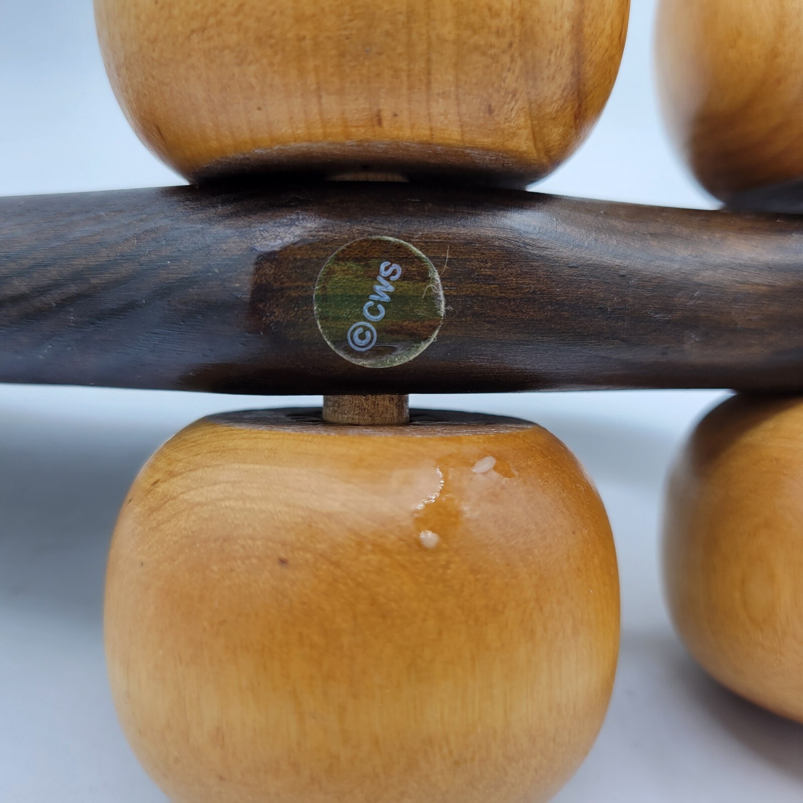 Vintage brown Wooden Frog Hand Massage Roller Ball Wheels 6″ x 9″ green eyes