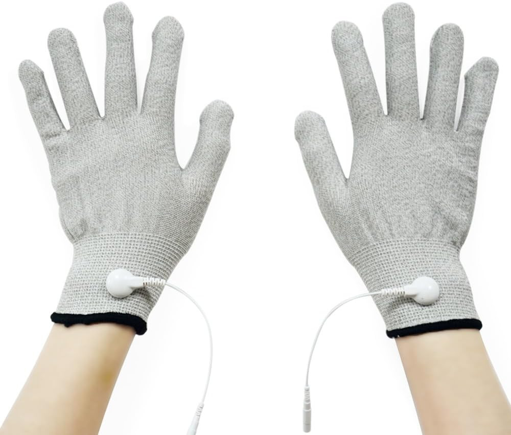 Pair of Silver Conductive Massage Gloves with Adapter Lead Wires for Tens/Ems Ma