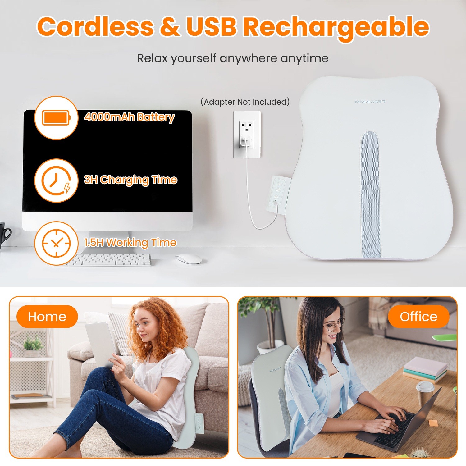 Heated Back Massager USB Rechargeable Electric Massage Cushion for Home Office