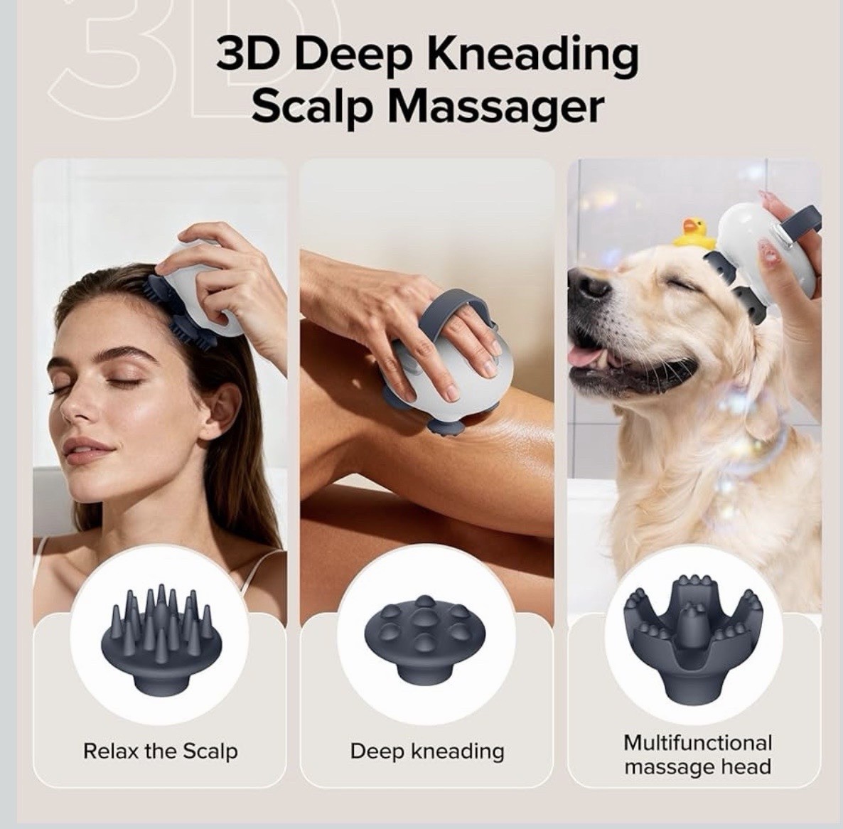 Rechargeable IP67 Head & Scalp Massager 4-Head Silicone Kneading USB-C White