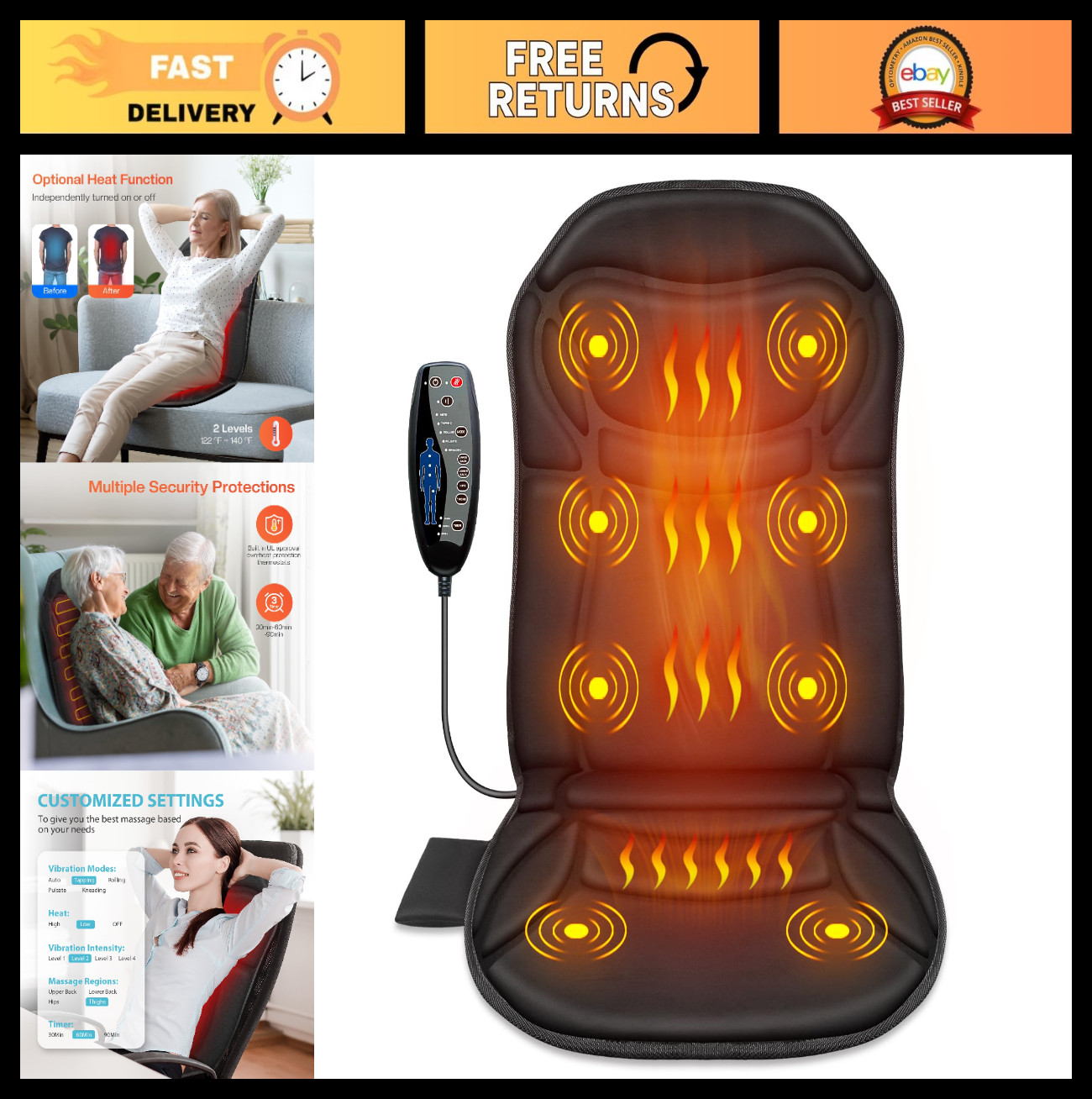 Electric Back Massager Chair Pad with Heat – 5 Vibration Modes, Pain Relief Cush