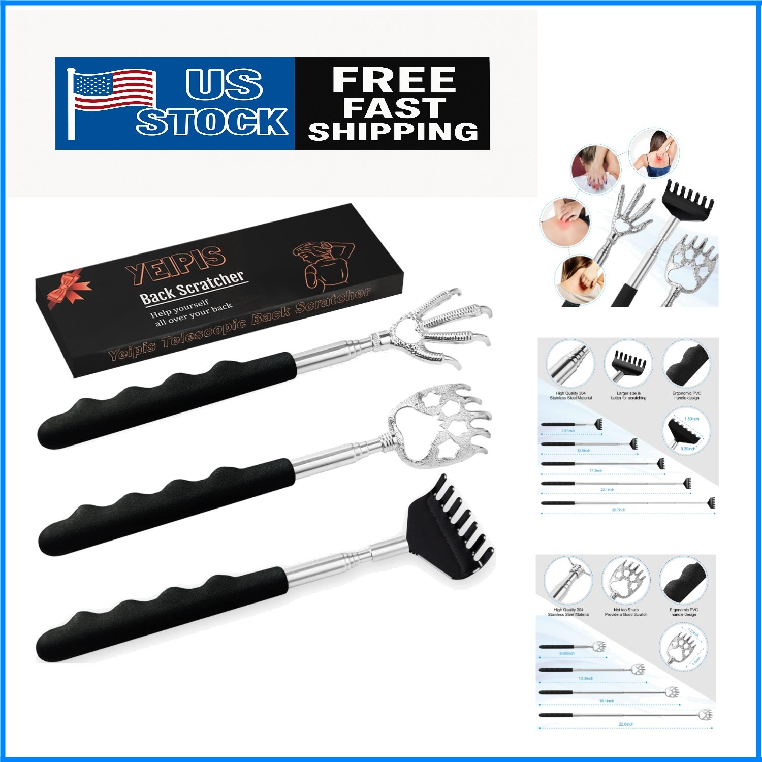 3 Pack Back Scratcher,Metal Portable Telescoping Back Scratchers with Rubber …
