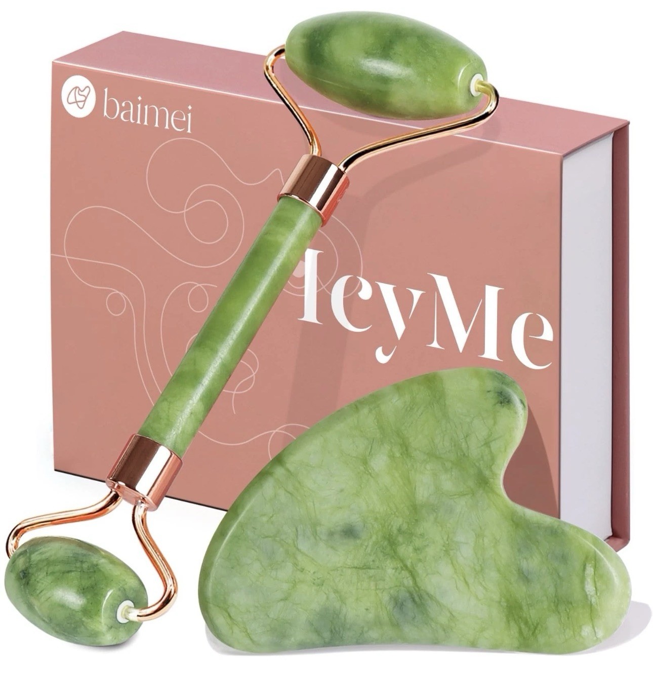 BAIMEI IcyMe Gua Sha & Jade Roller Facial Tools Face 2 Piece Set, Green