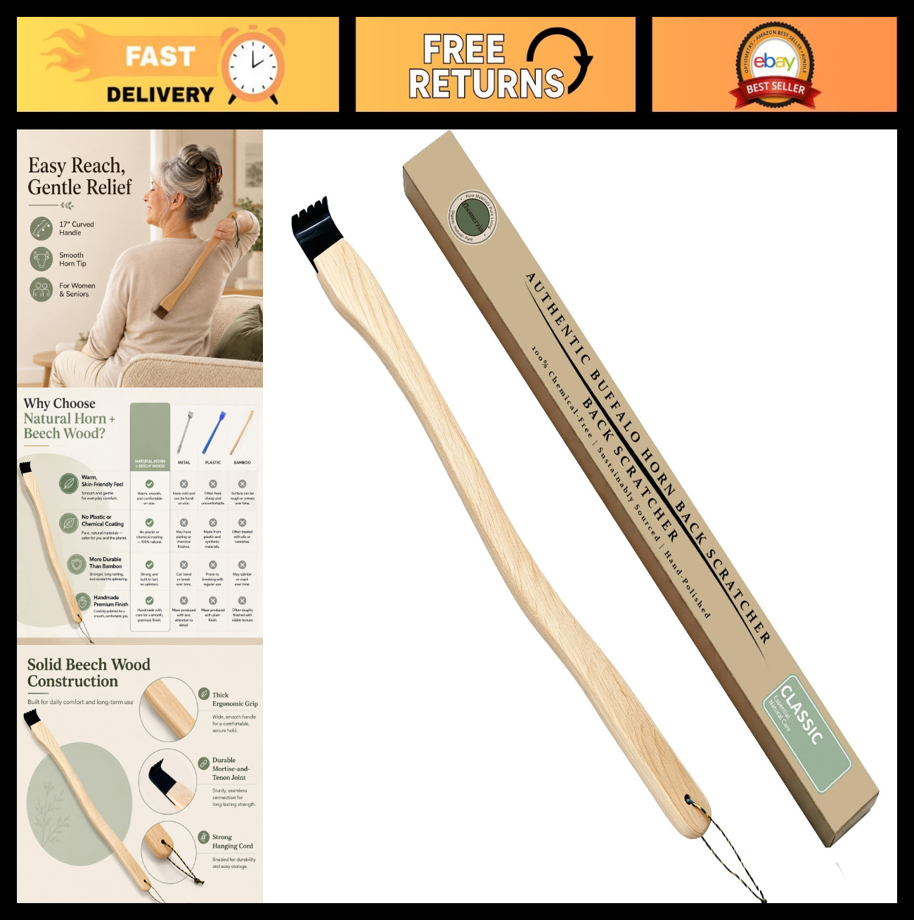 17″ Natural Buffalo Horn Back Scratcher with Curved Beech Wood Handle – Long Rea