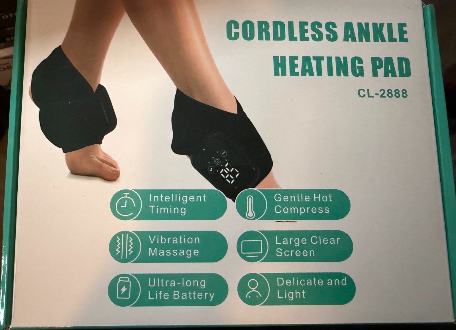 NEW Cordless Ankle Heating Pad CL-2888 GRAY, Vibration Massage, USB Rechargeable