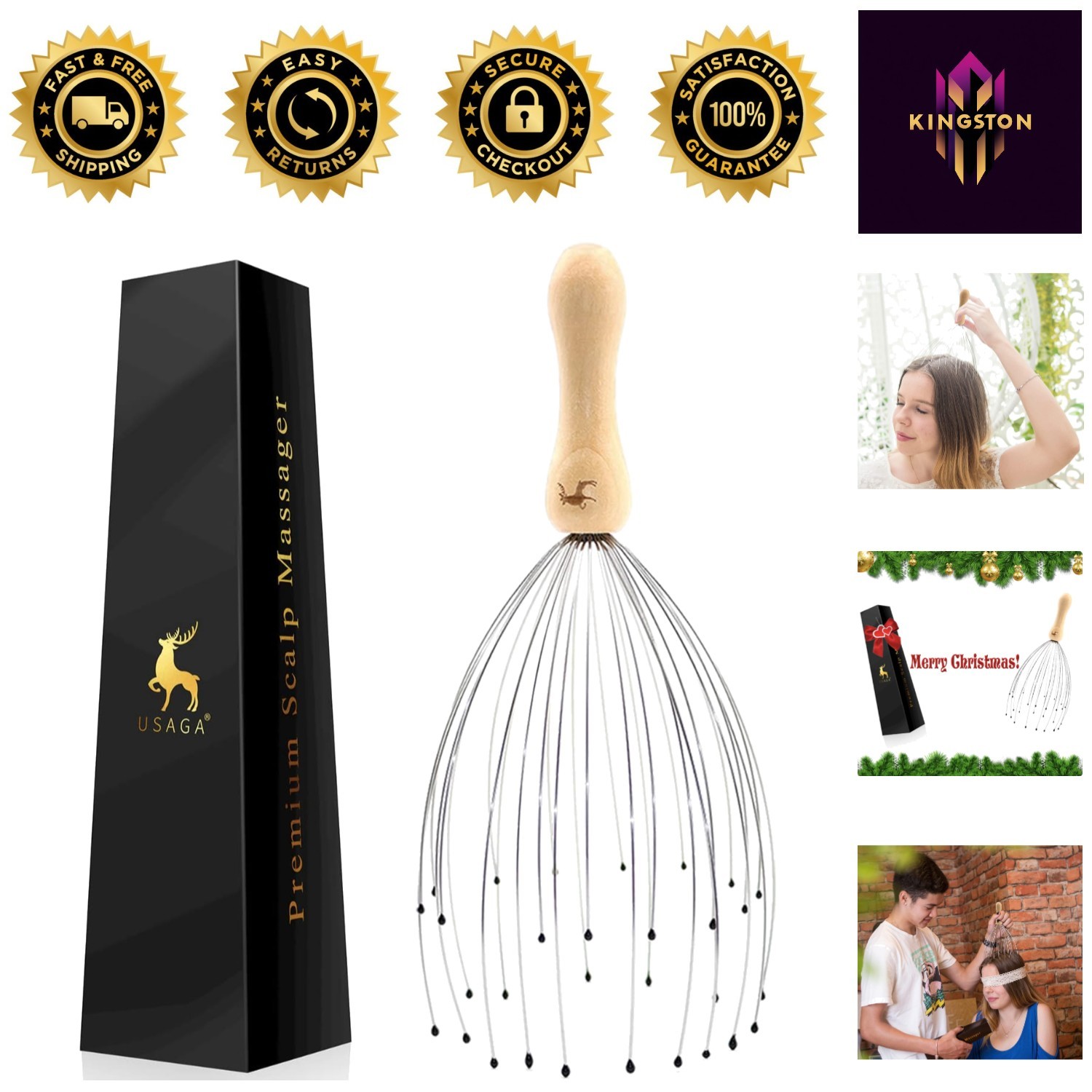 Stainless Steel Head Scalp Massager with Ergonomic Wood Handle – Stress Relief