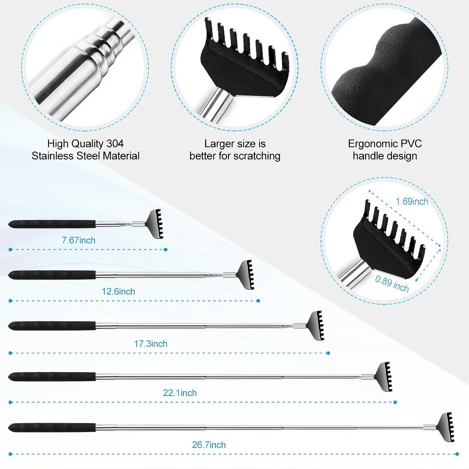 Yeipis 3 Pack Back Scratcher Metal Portable Telescoping with Rubber Silver