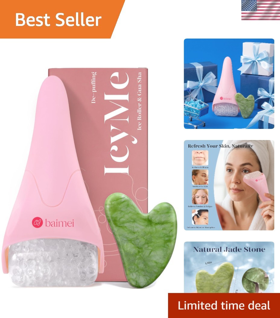 Facial Ice Roller & Gua Sha Stone – Soothe Puffiness and Enhance Glow – Pink