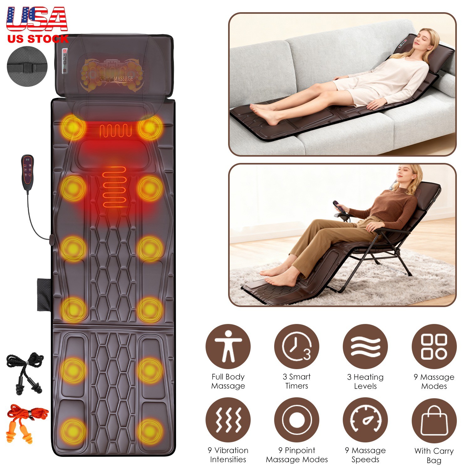 Full Body Massage Mat PU Leather Heated Massage Chair Pad Portable Massage Mat