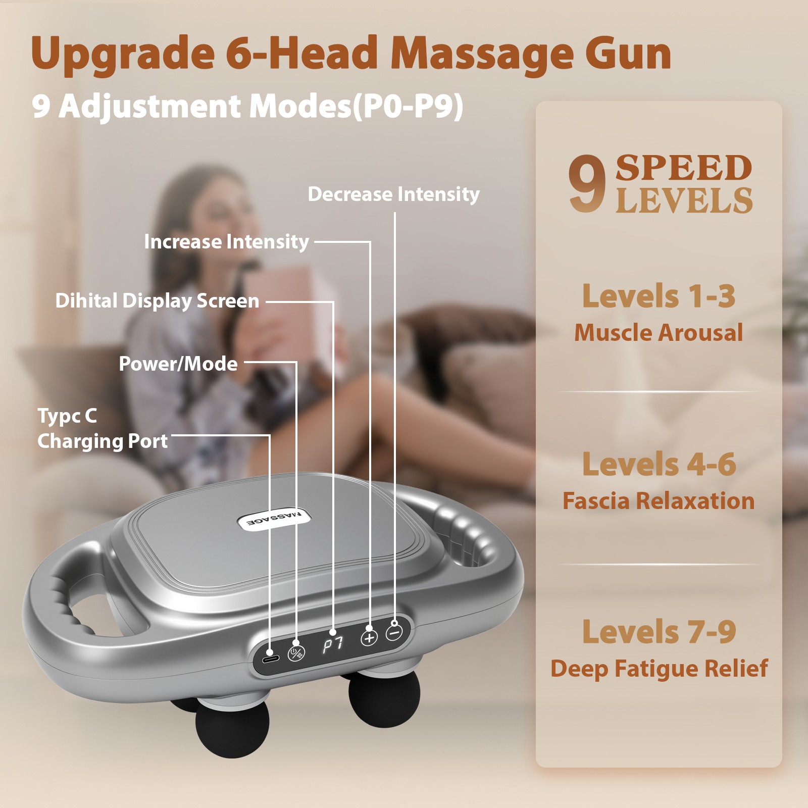 Massage Gun Deep Tissue Percussion Massager 6 Head 9 Modes 9 Speed Levels Relax