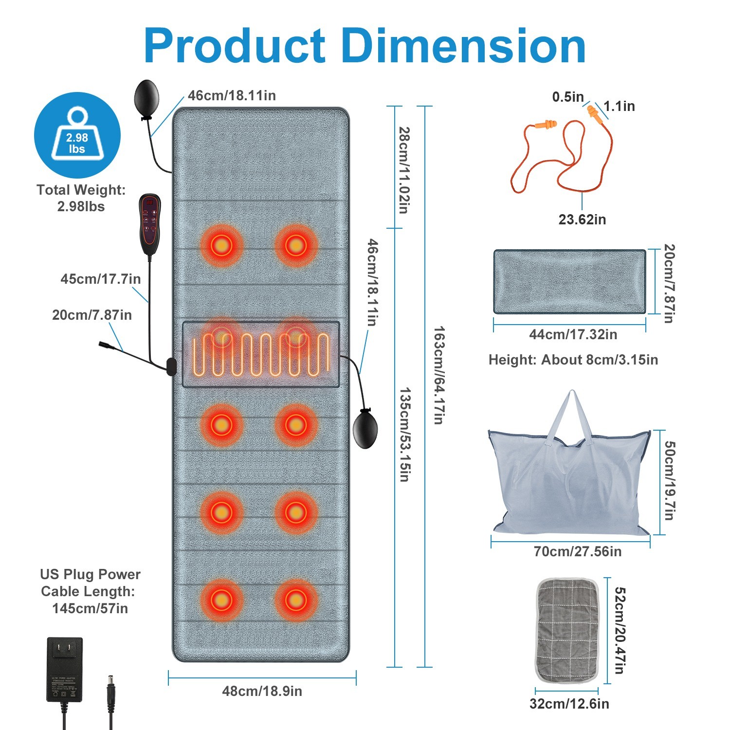 Full Body Massage Mattress Pad W/ 10 Vibration Motors Anti-Slip Bottom Available