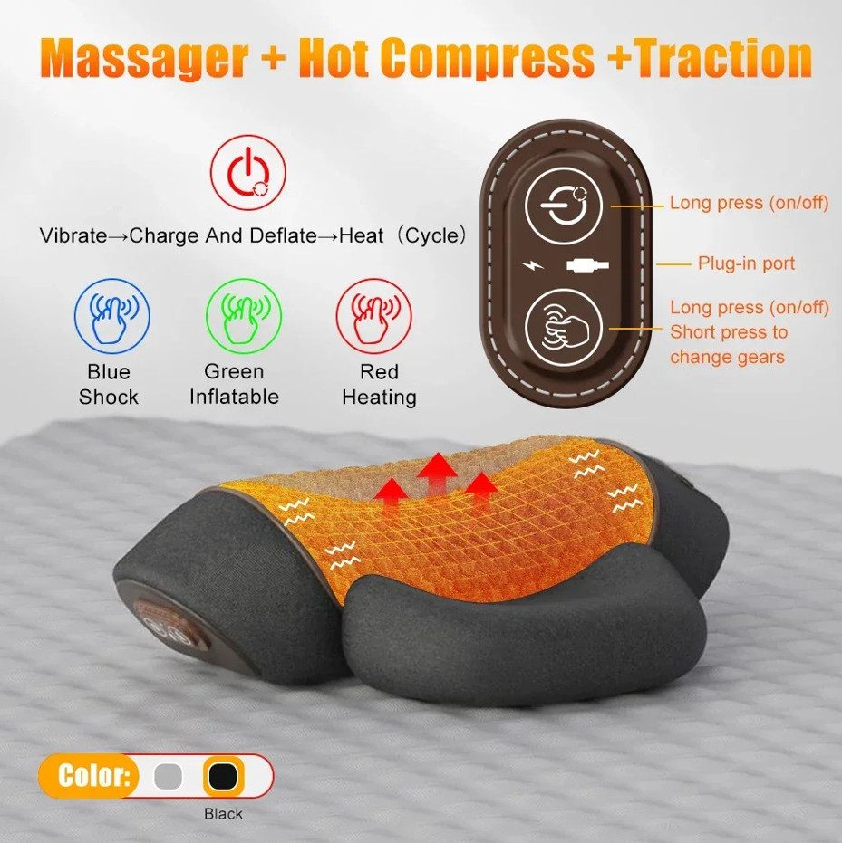 3-in-1 Neck Massager Pillow Heat Vibration Cervical Support for Relaxation