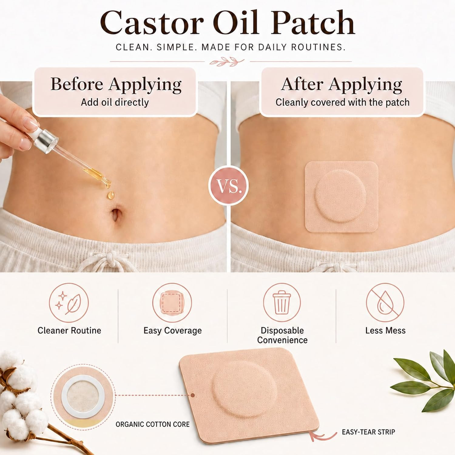 50Pcs Castor Oil Patches, Organic Cotton Castor Oil Pack Wrap Disposable Self-Ad