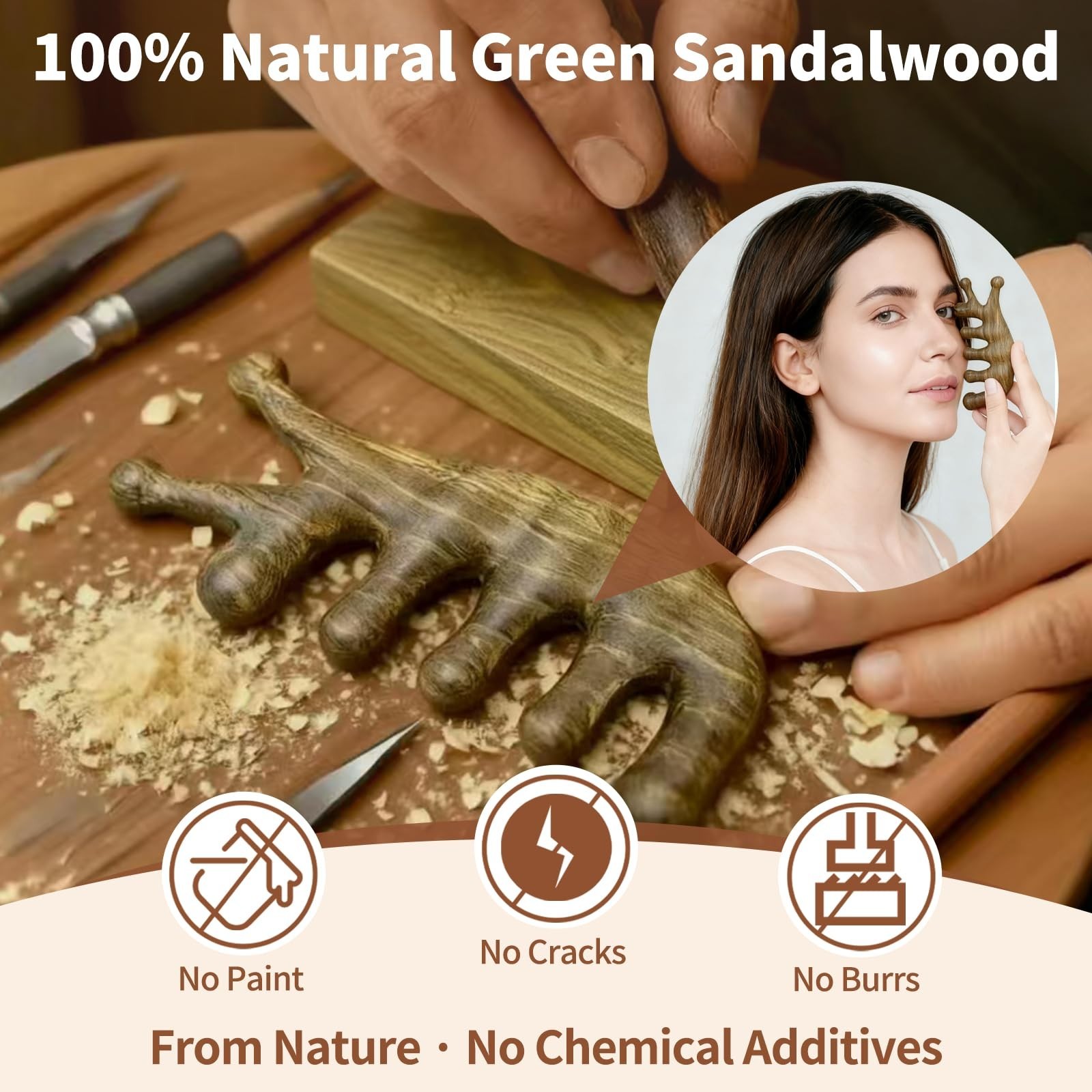 4-in-1 Green Sandalwood Massage Comb & Gua Sha Tool for Scalp, Face & Body – Nat