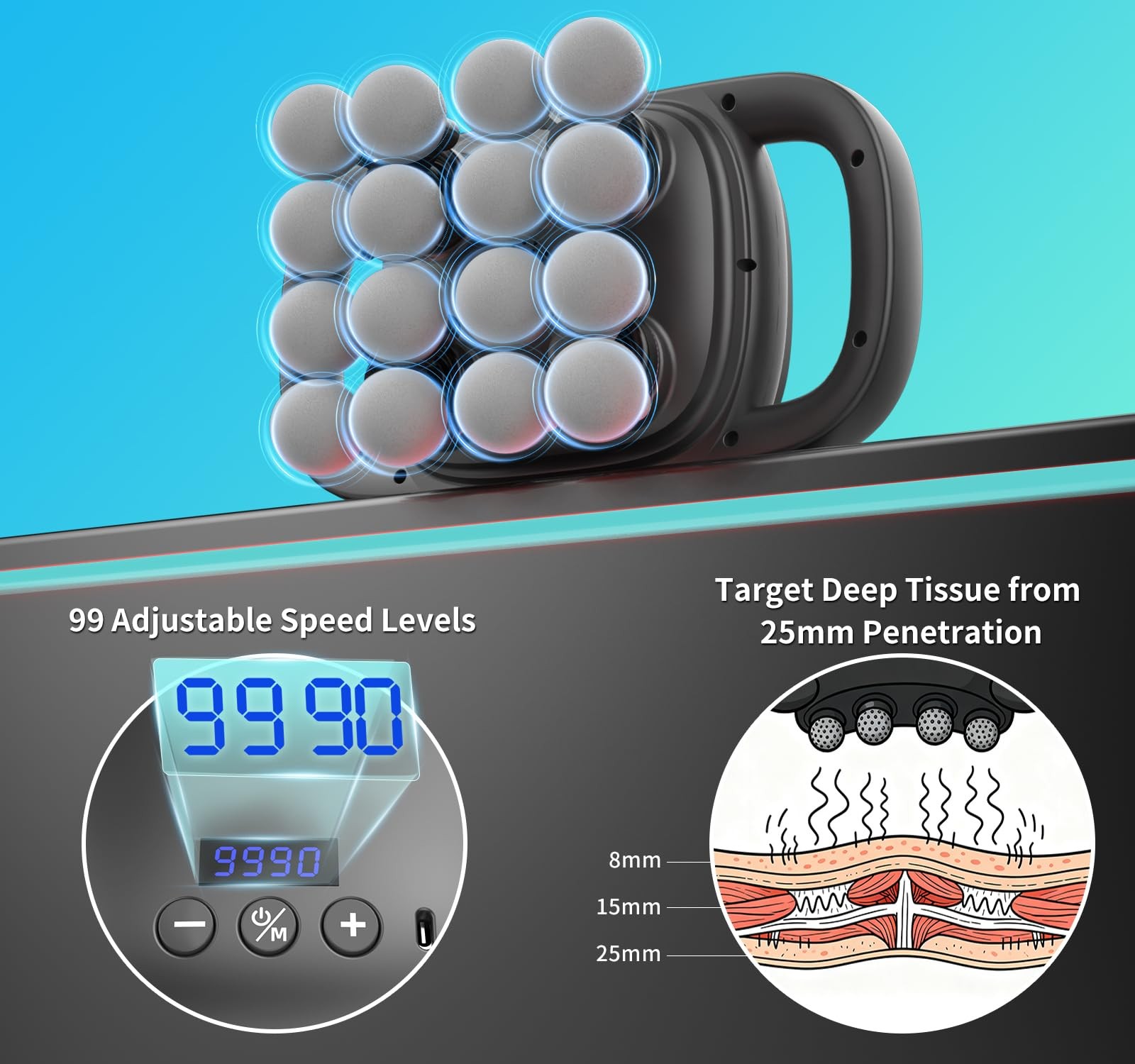 16 Head Massage Gun, Deep Tissue Percussion Massager with 9 Intensity Levels