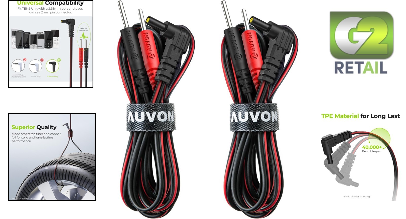 Soft TPE 2-Pack TENS Unit Lead Wires, 40,000+ Bends, Compatible with Most Units