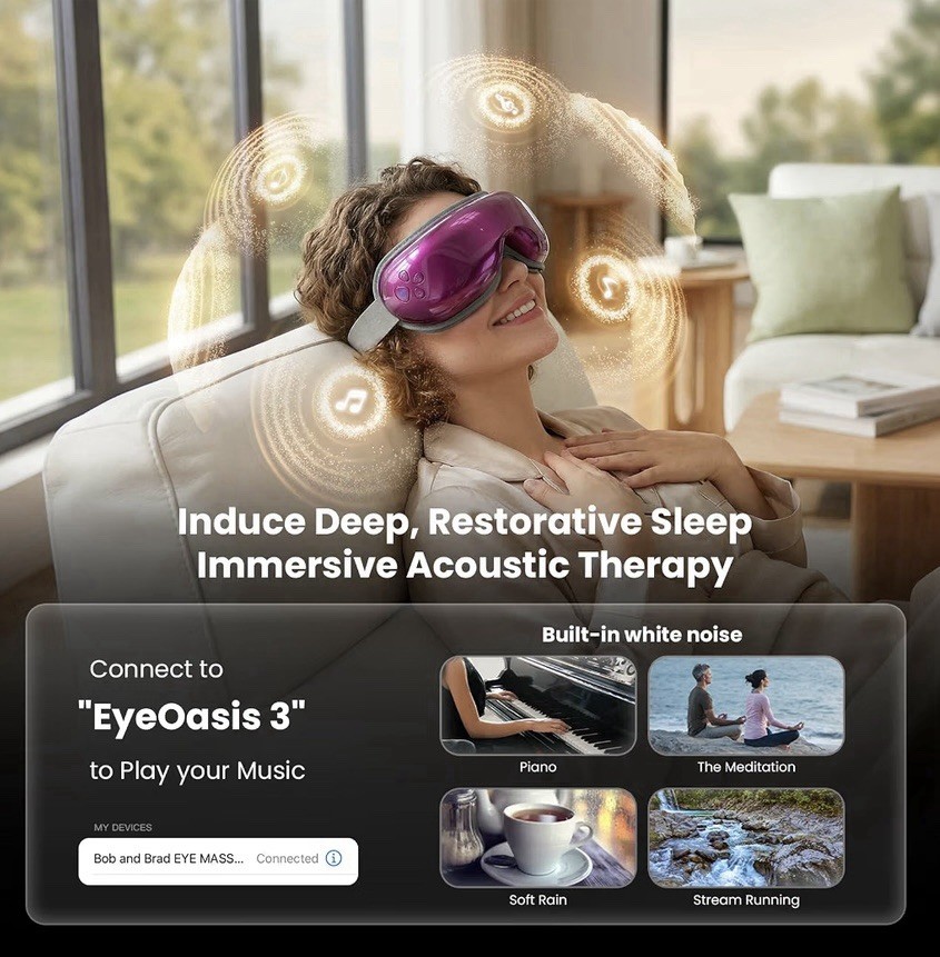 Bob and Brad Purple Cordless EyeOasis 3 Eye Massager Migraine, Bluetooth Heat