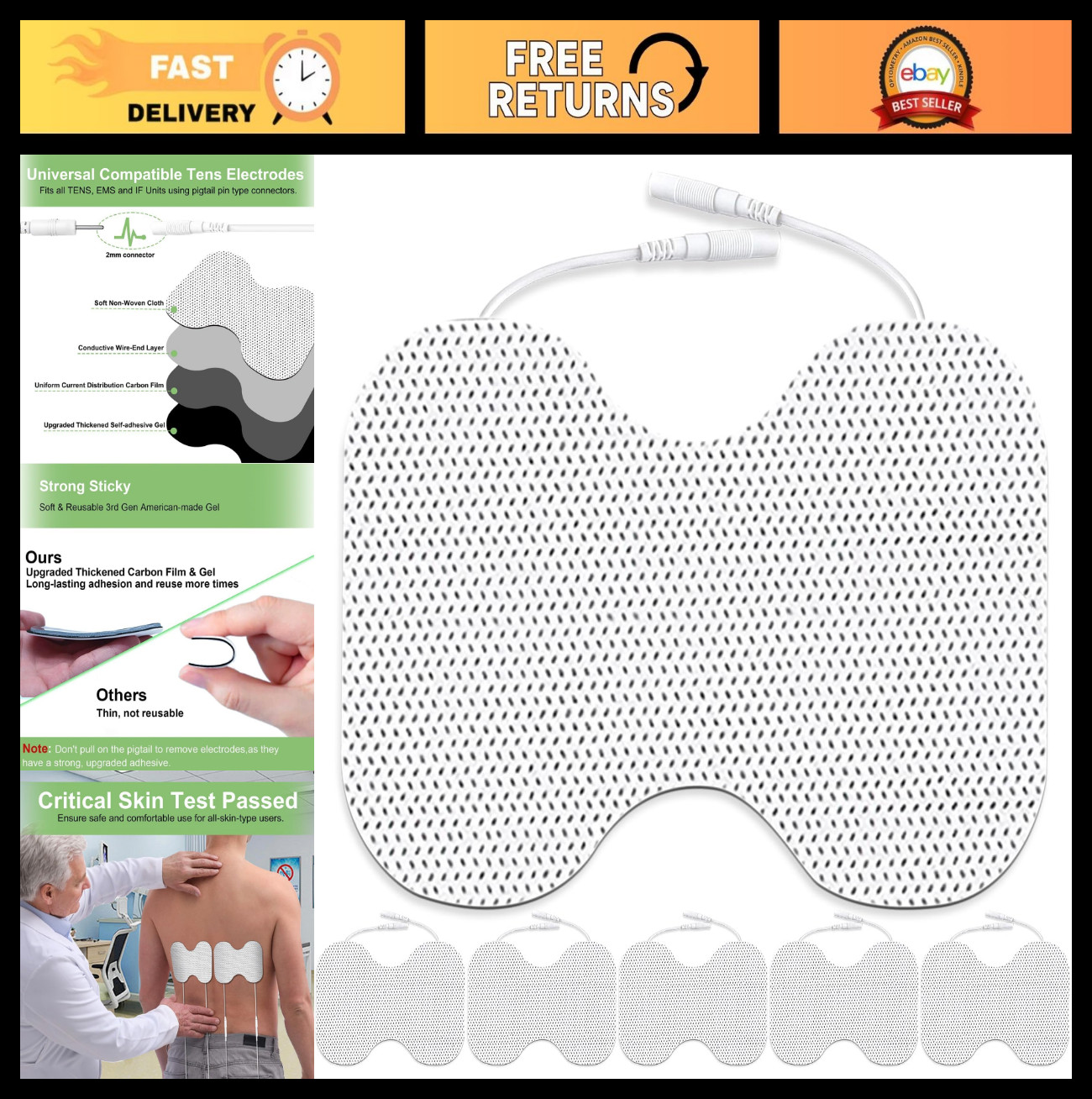 Extra Large Butterfly TENS Unit Electrode Pads – Reusable 4×6″ for Back, Shoulde
