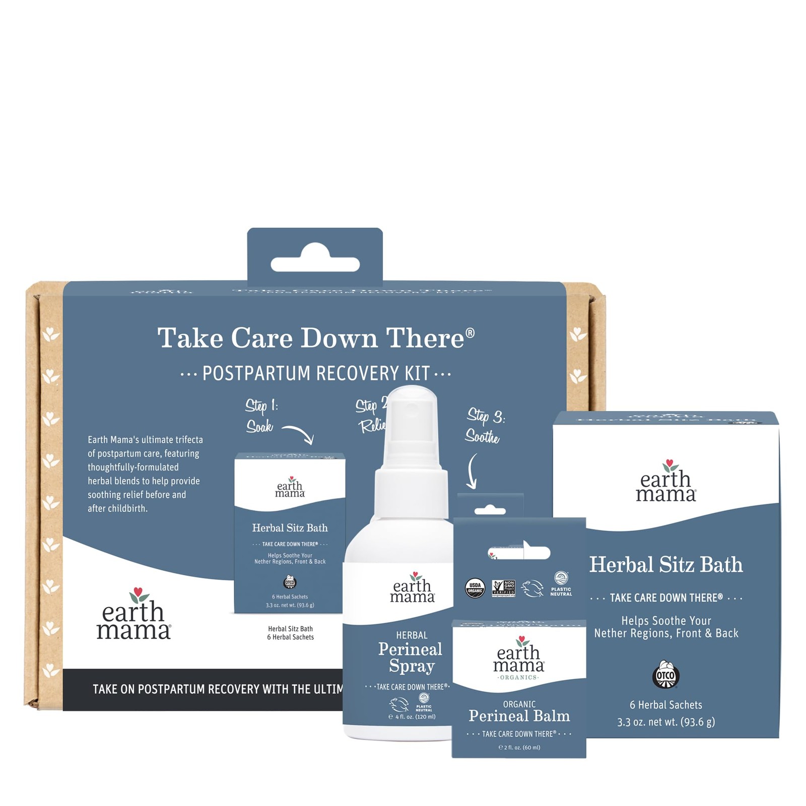 Earth Mama Postpartum Recovery Kit, Take Care Down There® 3 Piece Set, Clear