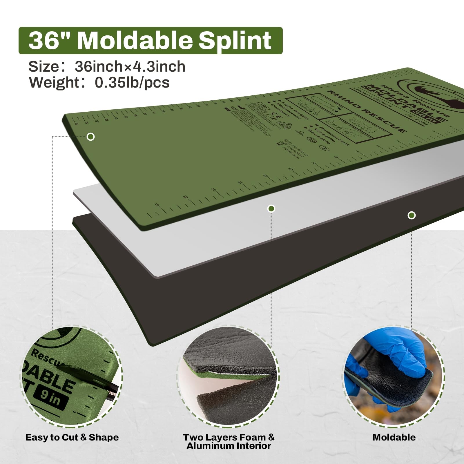 First Aid Splint 36″ X 4.3″ Green-Gray, Keep Bones in Position (4, Folded)