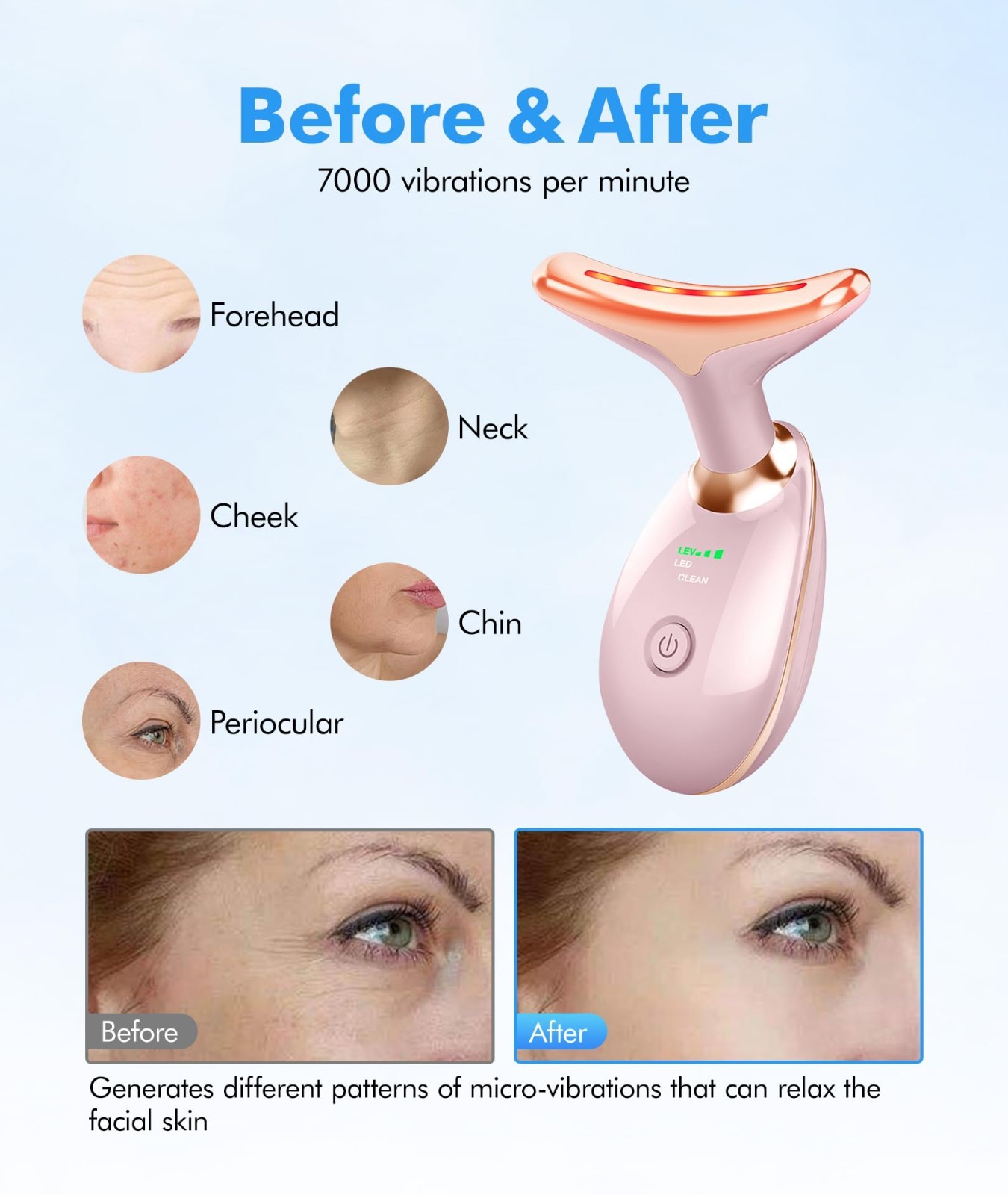 7 Color Red Light Therapy Face Massager Tool for Wrinkles & Double Chin, Pink