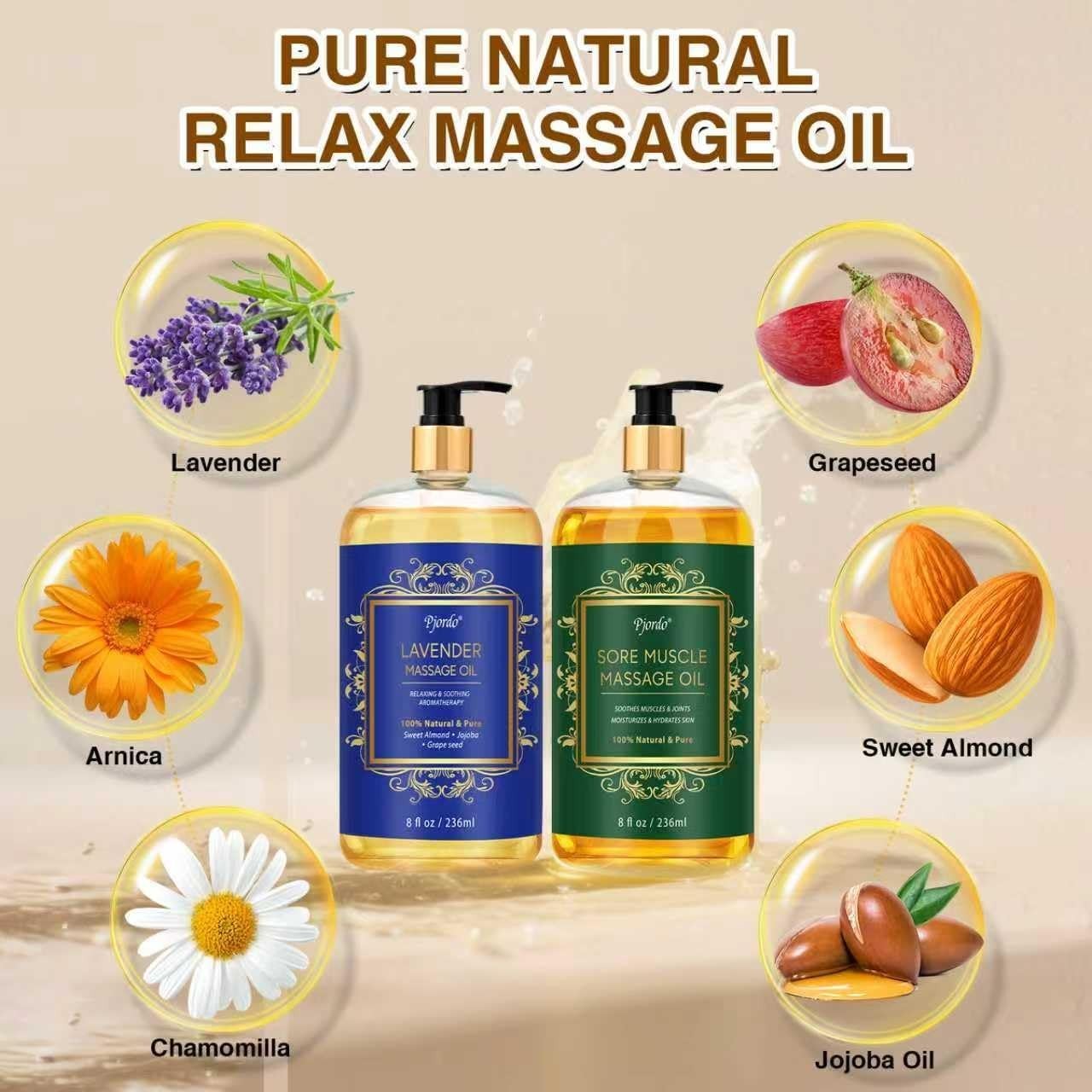 Pjordo 2 Pack Body Massage Oil for Massage Therapy, Sore Muscle Arnica Oil & Lav