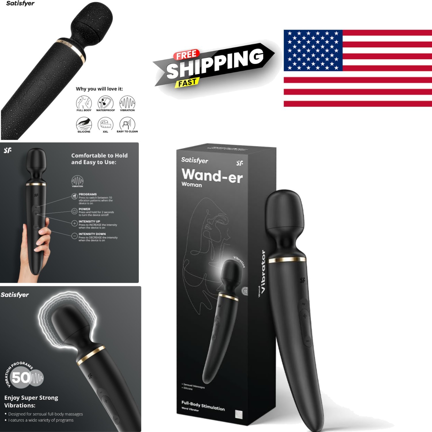 Vibrating Wand Massager XXL Size Black Silicone for Full Body Relaxation