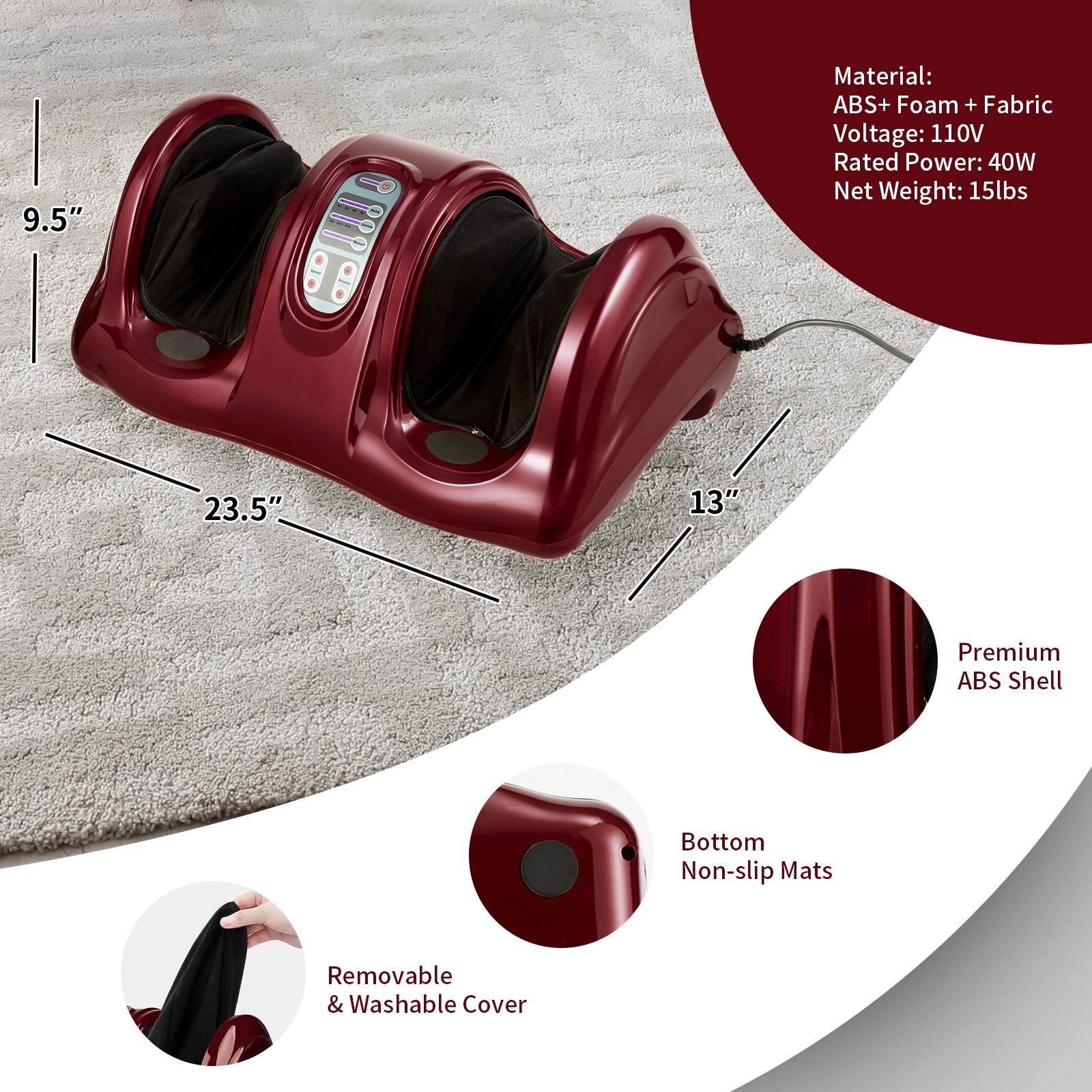 Electric Shiatsu Foot Massager Kneading and Rolling Leg Ankle w/Remote Burgundy