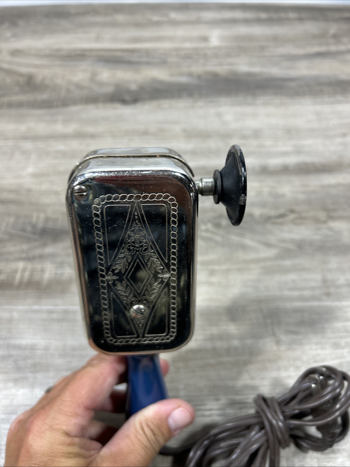 Vintage Chrome Box, Engraving, Blue Handle VIBRATION MASSAGER