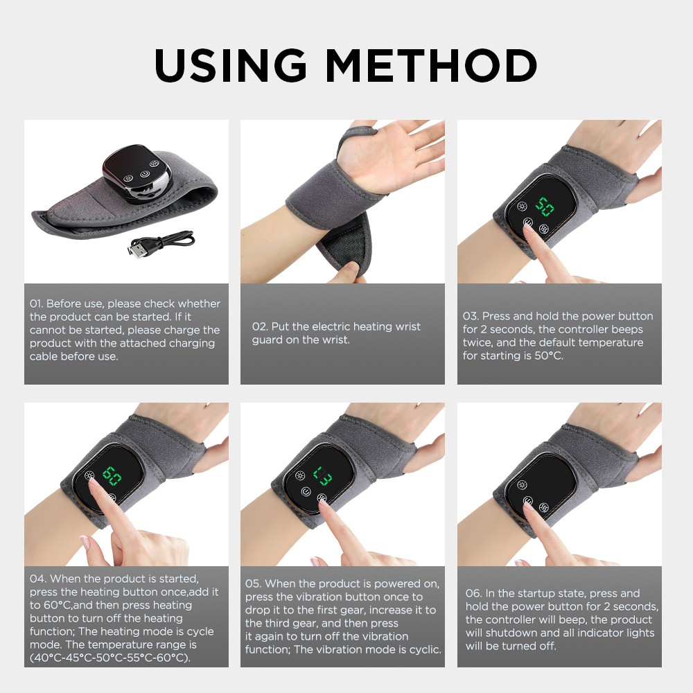 Electric infrared Heated Vibration Wrist Massager Hand Brace Support Pain Relief