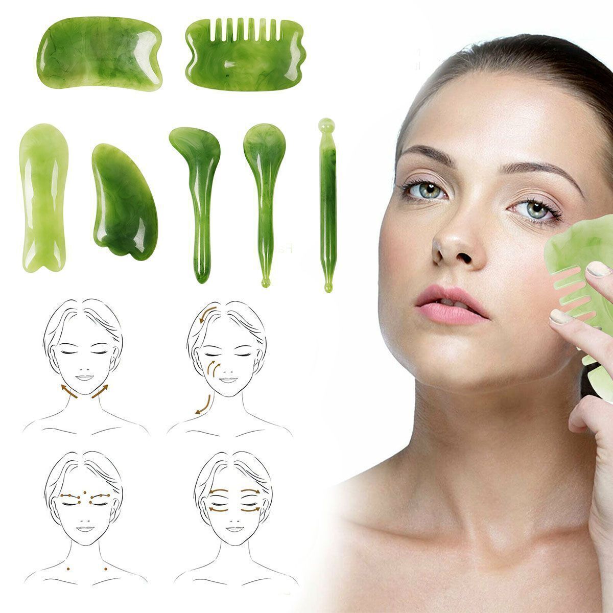 7Pcs Set Gua Sha Natural Resin Quartz Stone Shape Facial Body Massage Board Tool