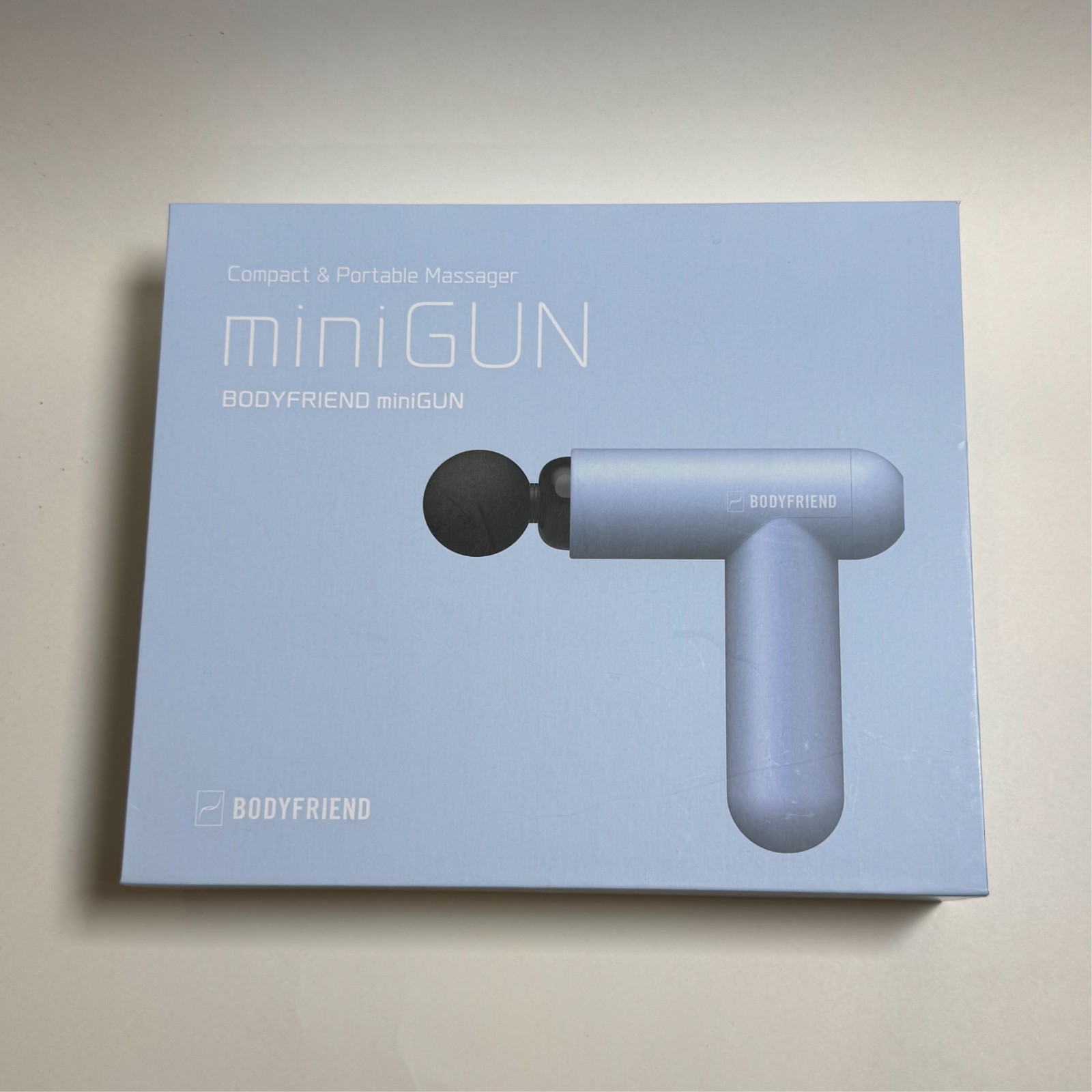 BODYFRIEND miniGUN Massage Gun Light Blue w/ 4 Heads Cable Pouch Box