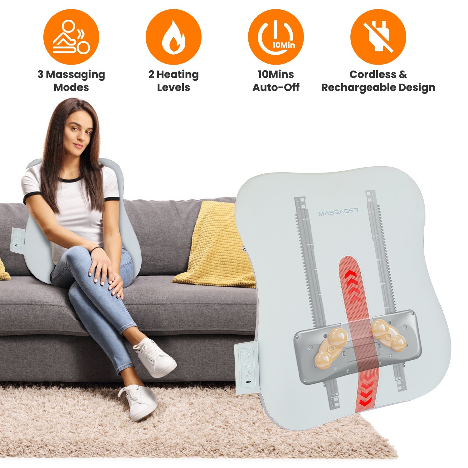Heated Back Massager USB Rechargeable Electric Massage Cushion for Home Office