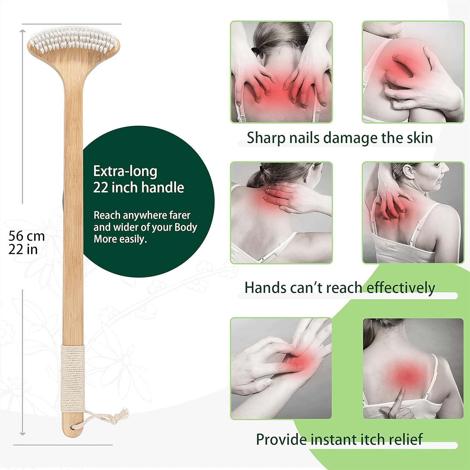 Bamboo Back Scratcher, 22» Extra Long Curved Handle Reach Back Easily, Wide Bru