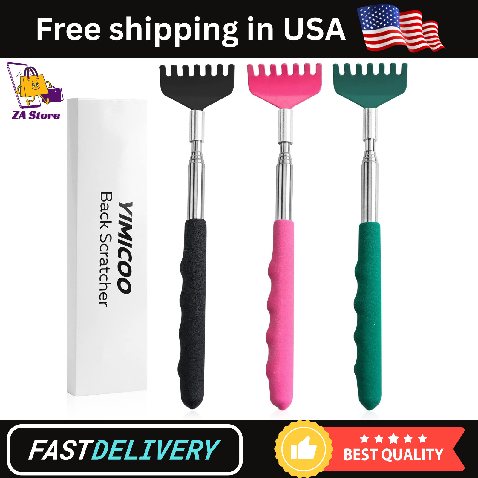 3 Pack Extendable Back Scratcher Telescoping Stainless Steel w Rubber Handle