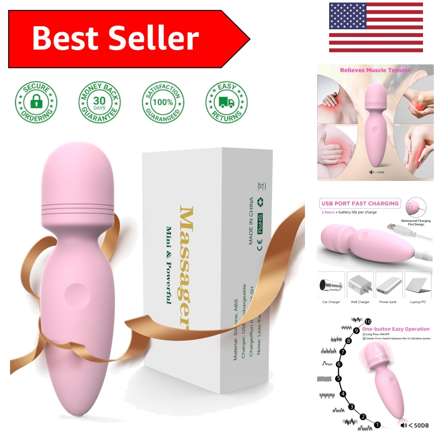 Compact Waterproof Handheld Massager in Pink – 10 Vibration Modes for Relaxation