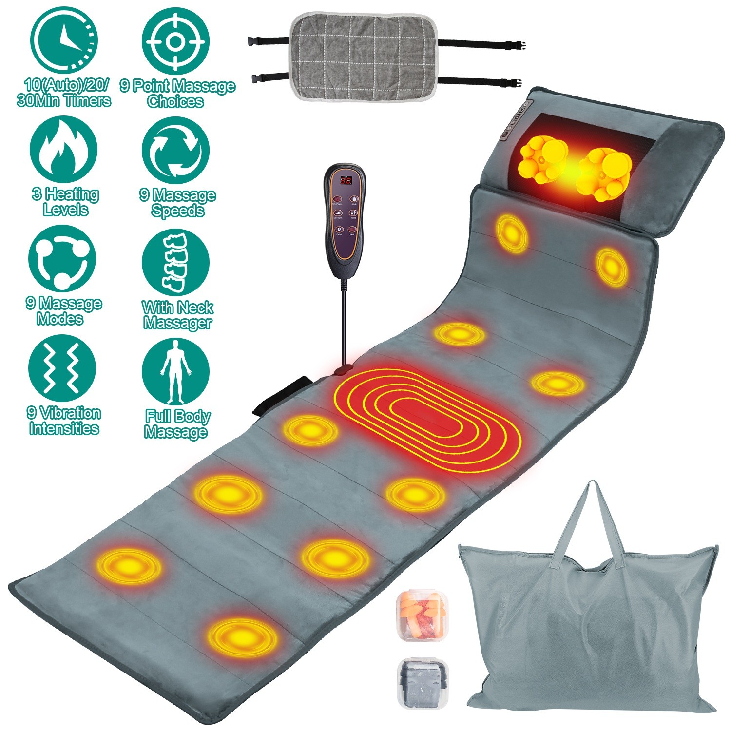 Full Body Massage Mat with Heat & Neck Massage Pillow 10 Vibration Motors Timer