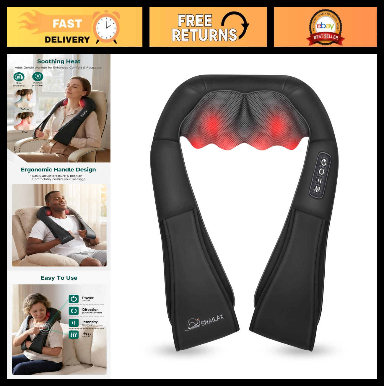 Shiatsu Neck & Shoulder Massager with Heat – Deep Kneading Electric Massage Pill