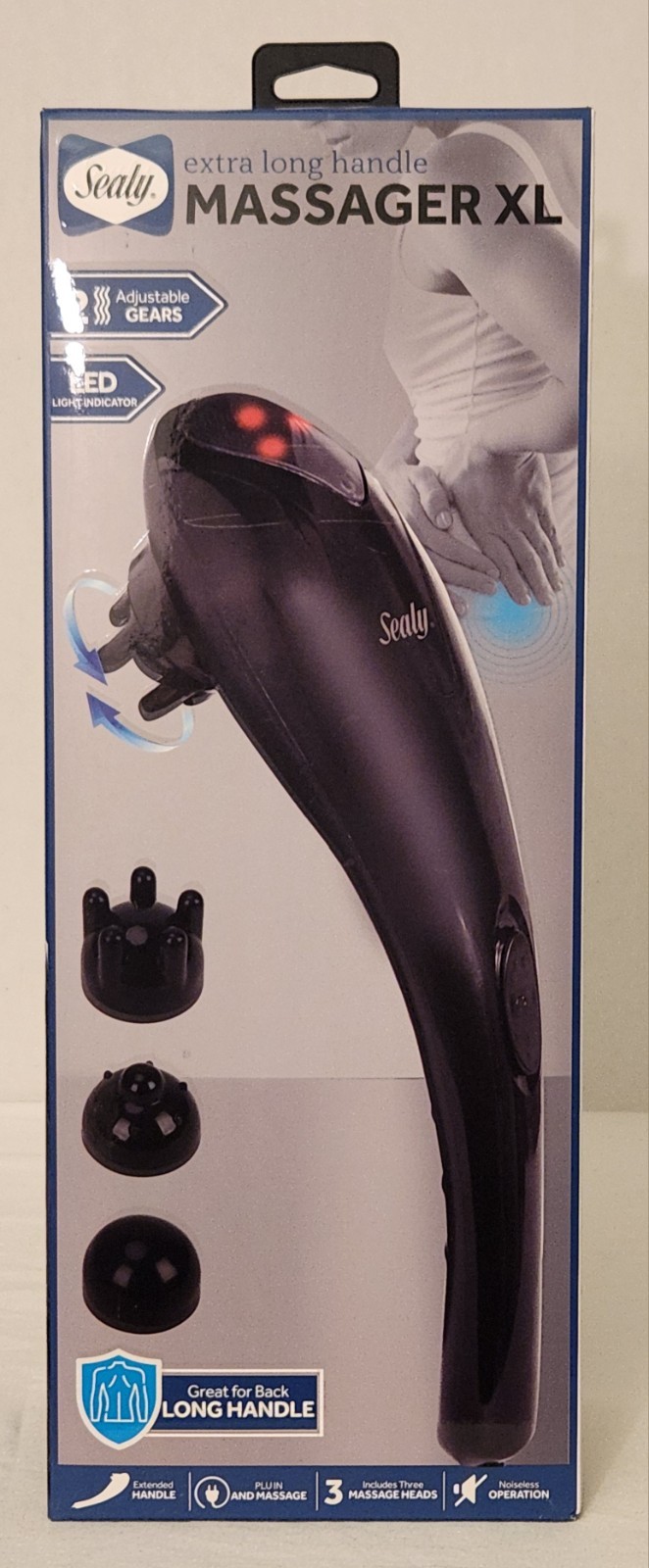 Sealy Massager XL extended handle led light 2 gears 3 massage heads new in box