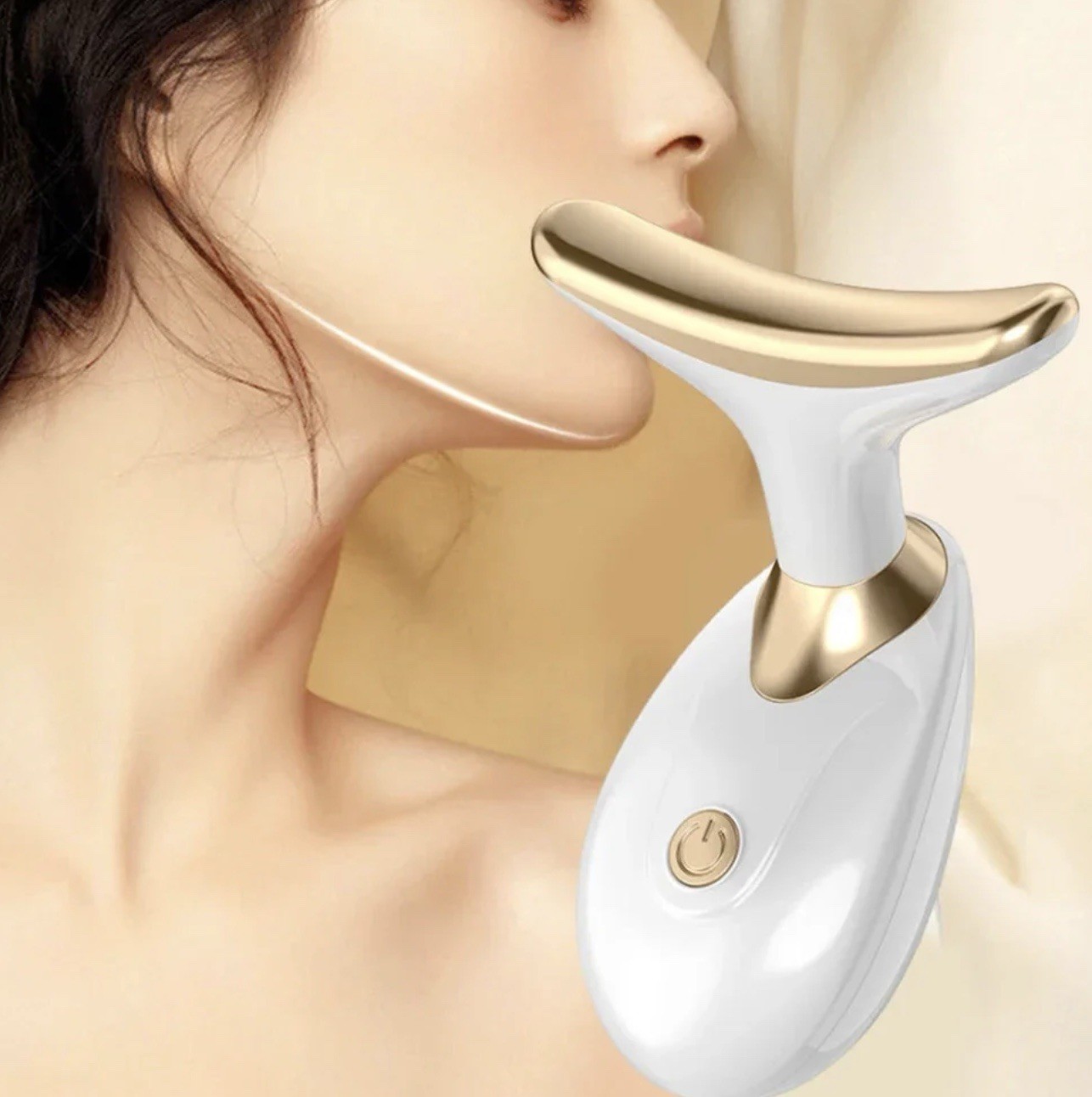 Handheld Cordless Neck & Face Massager, White/Gold, 1 Massage Head