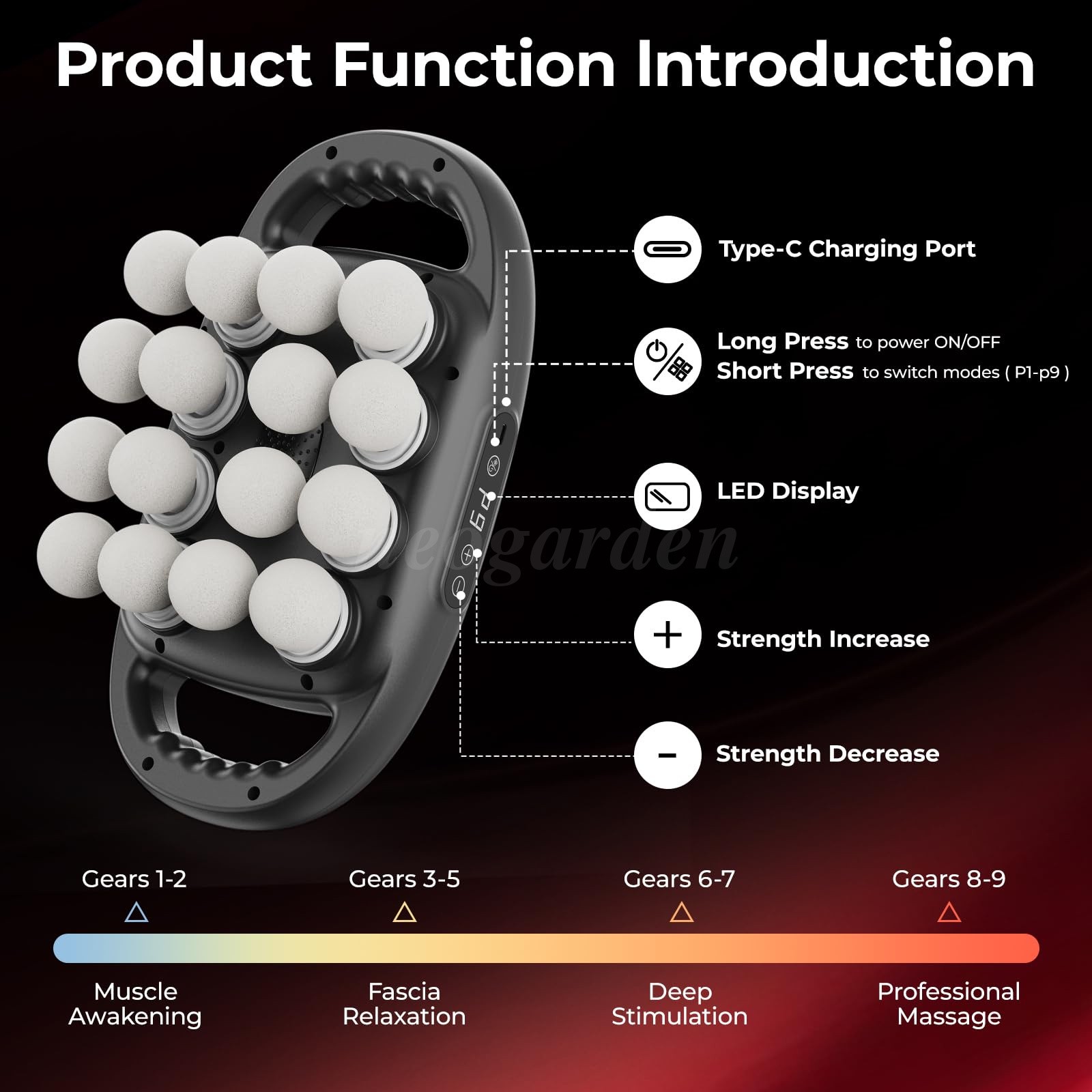 16 Head Massage Gun Deep Tissue Massager 9 Modes 2000mAH Muscle Relax