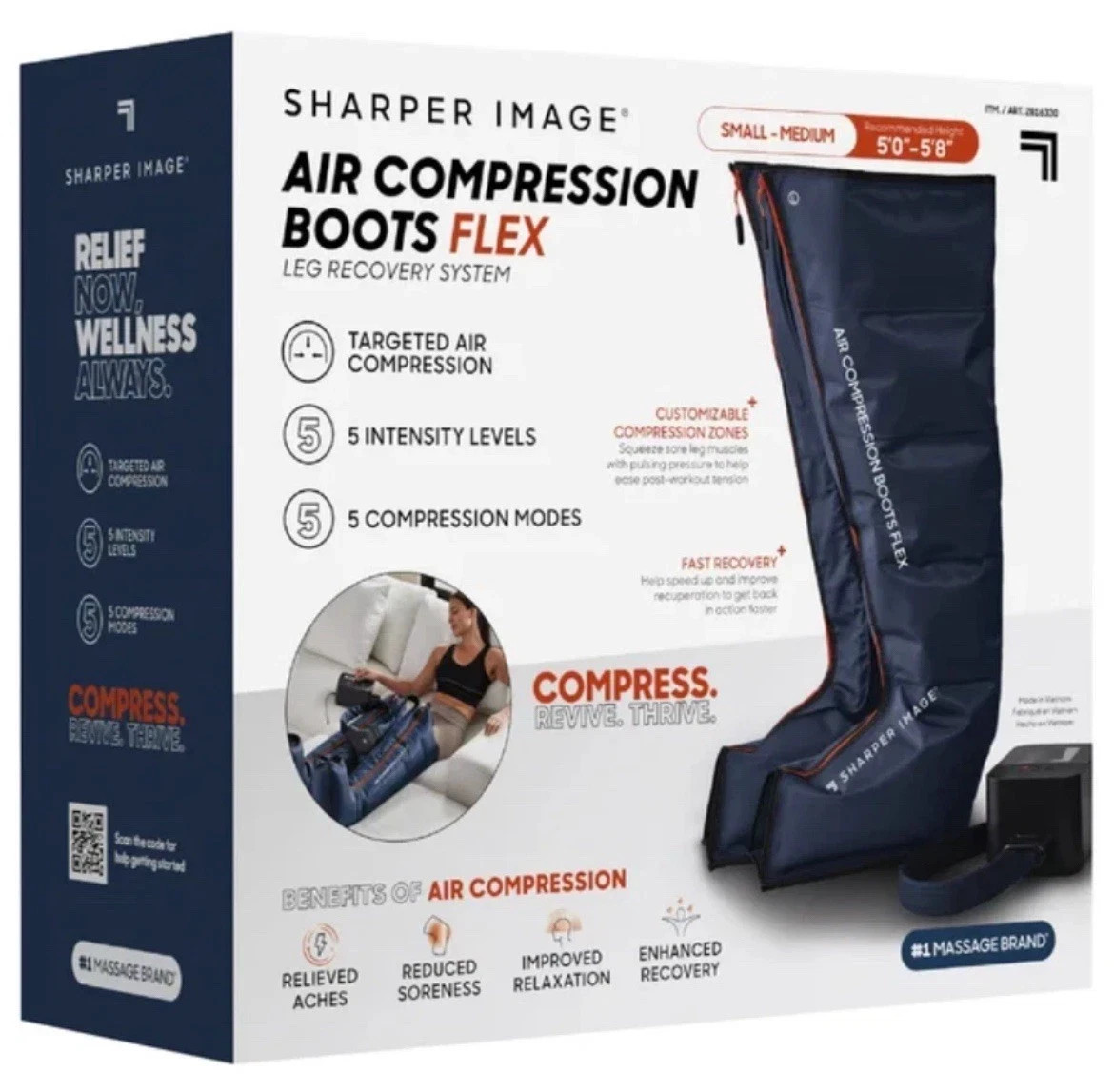 Sharper Image Flex Air Compression Boots Leg Recovery System, Blue, Size S/M