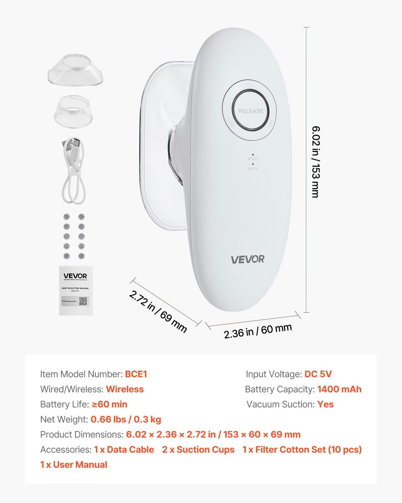 VEVOR Body Sculpting Machine, 3-in-1 Cellulite Massager, Wireless, 60 Min Use