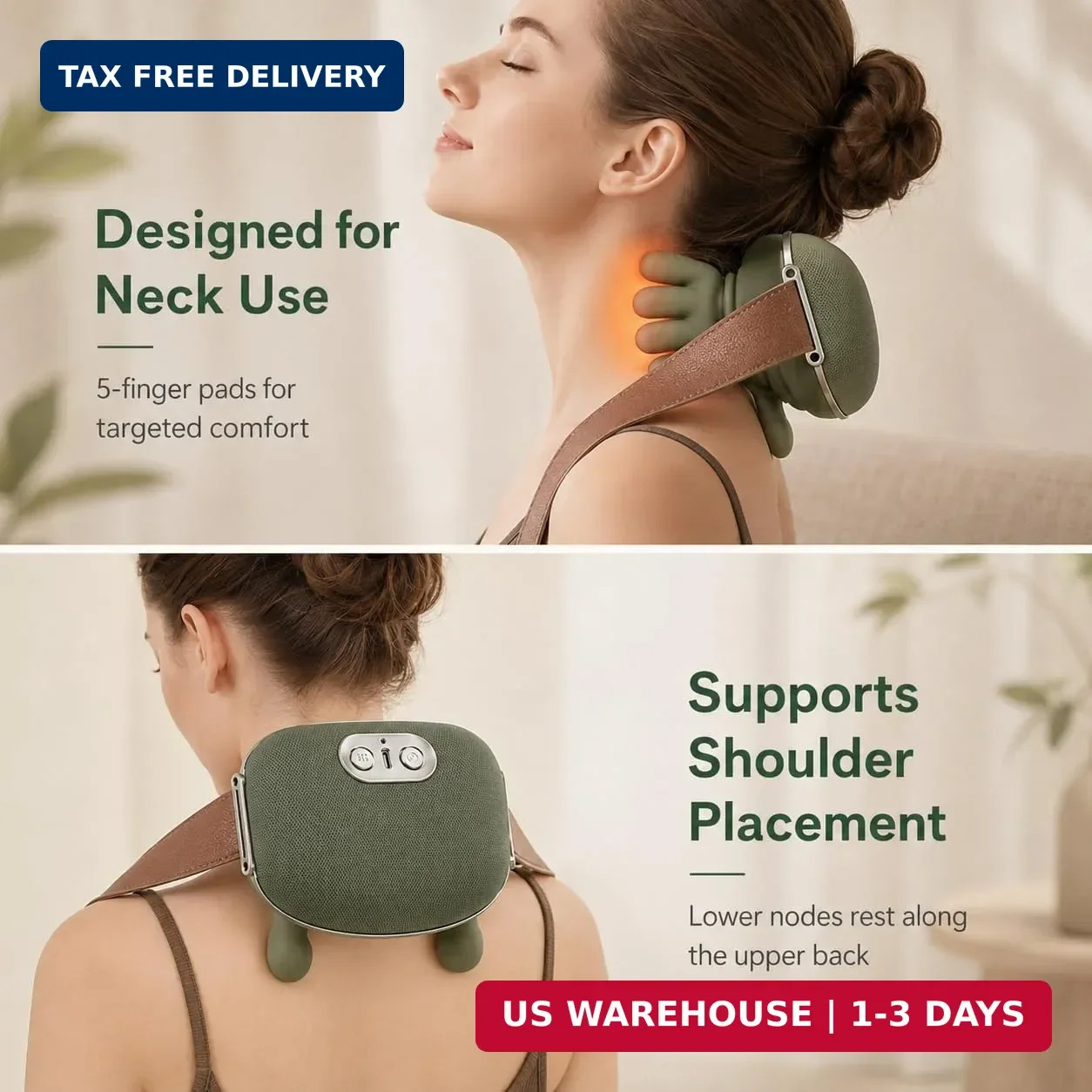Shoulder and Neck Massager with 4D Kneading & Heat, Green | 3 Massage Styles, 5-