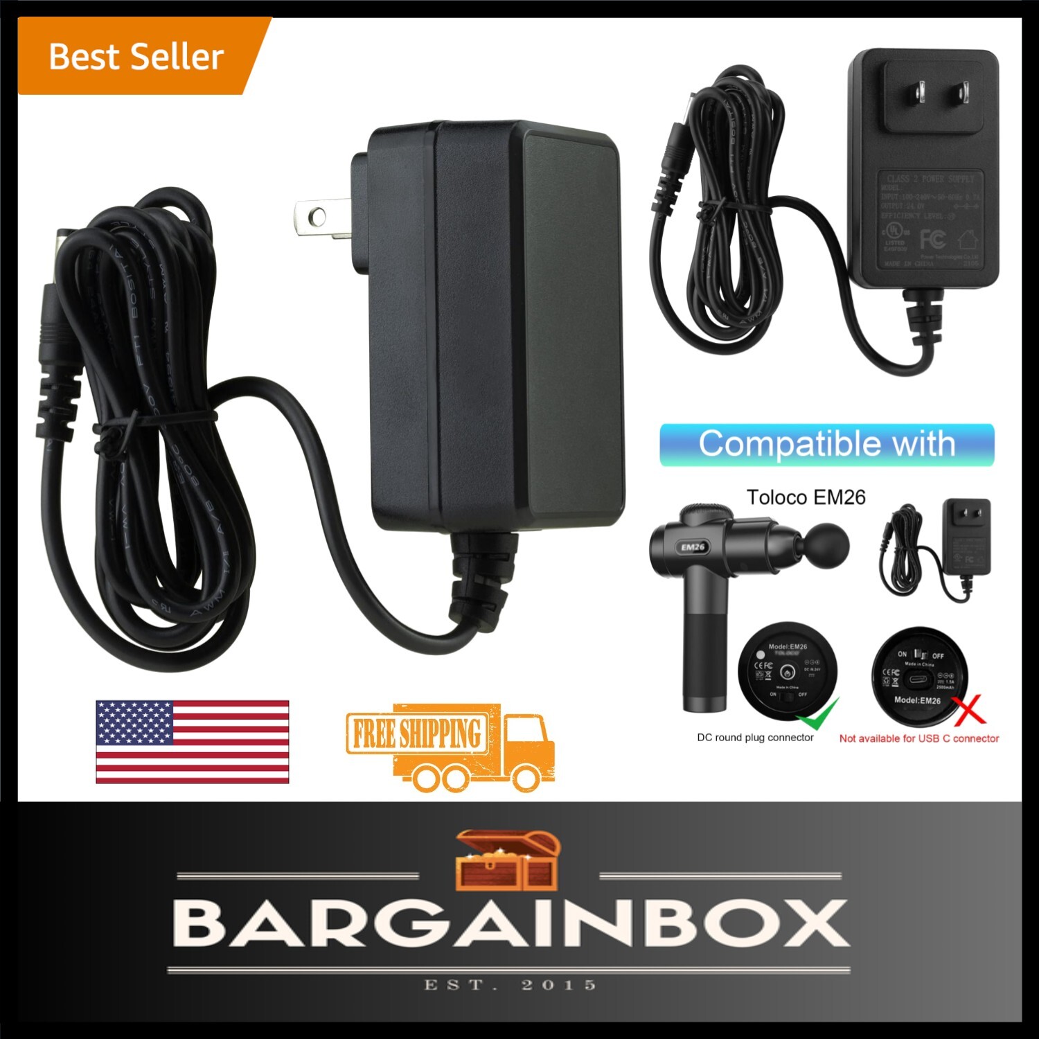 Compact and Safe 24V Charger Replacement for AERLANG Massage Guns – 5ft Cord