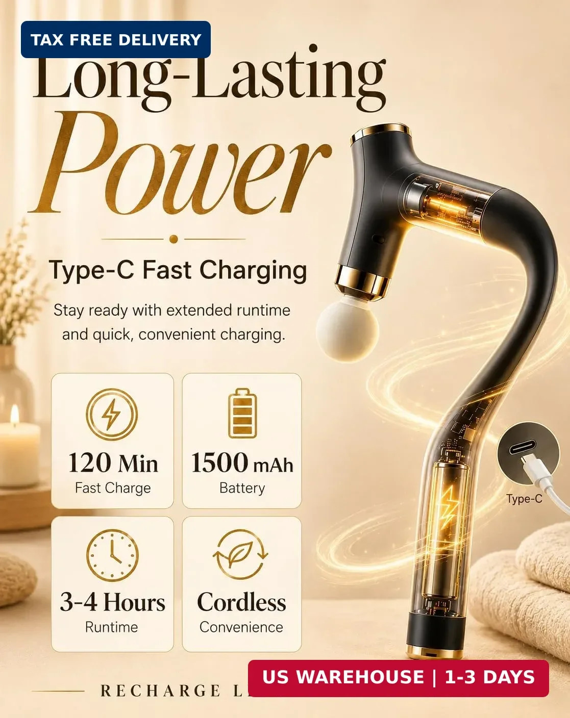 2-in-1 Back Massage Gun with Detachable Curved Handle, Back, Neck & Full Body