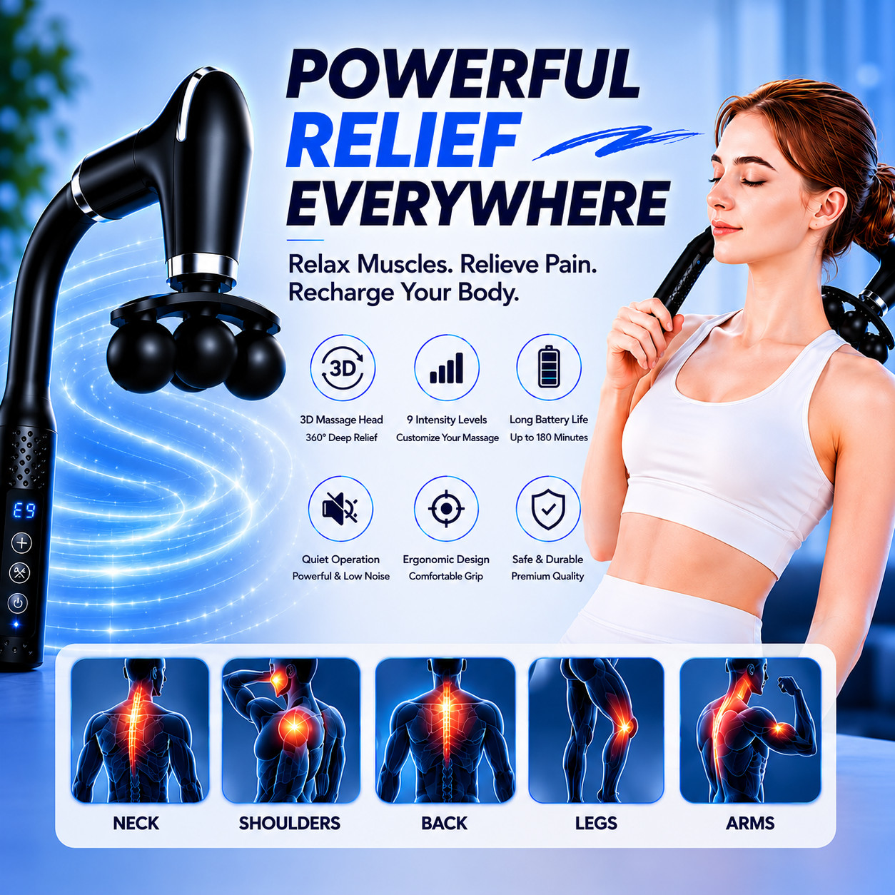 Massage Gun with Extension Handle, Back Massager for Pain Relief Deep Tissue