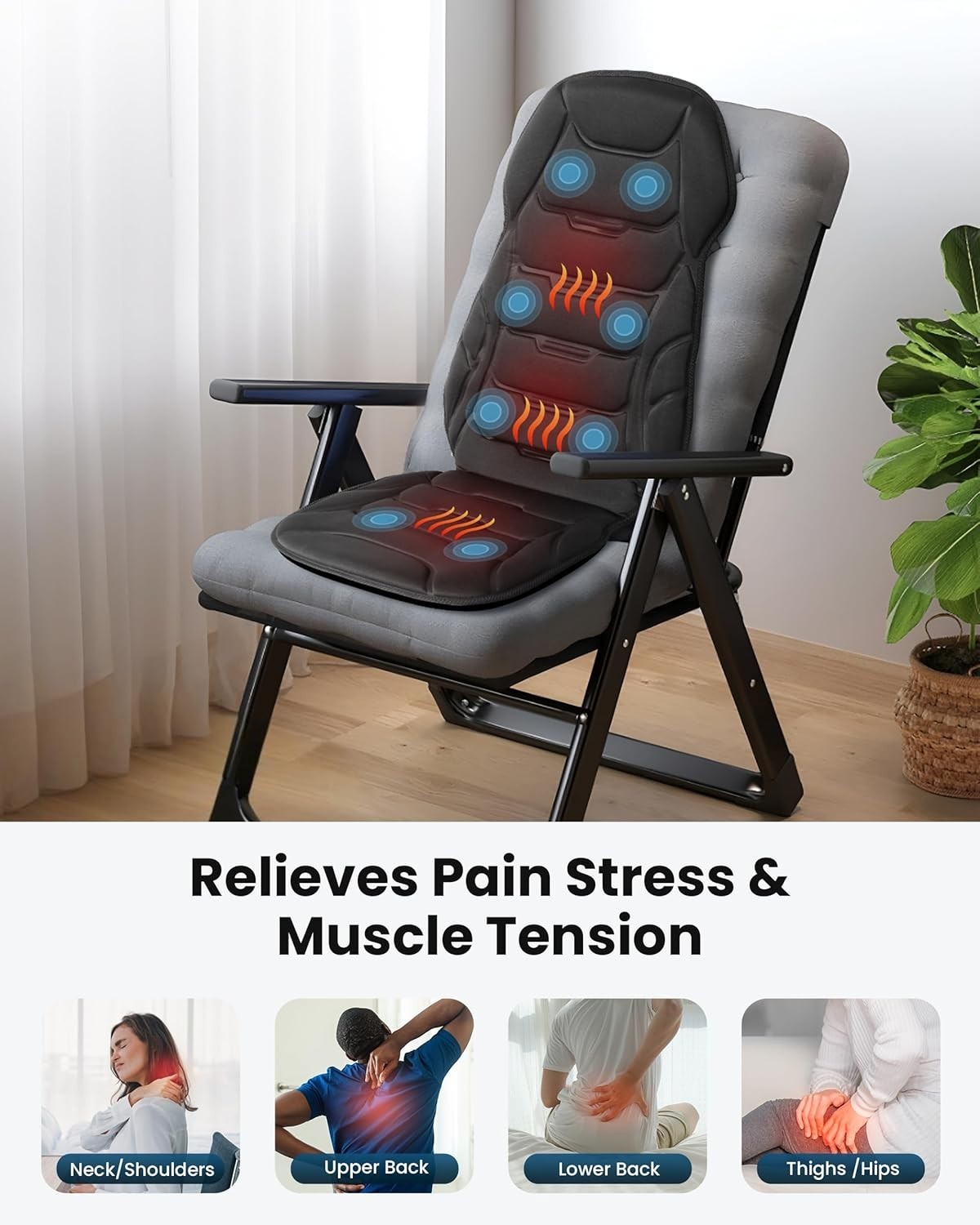 Massage Seat Cushion with Heat, 9 Modes, Lumbar Support for Home/Office