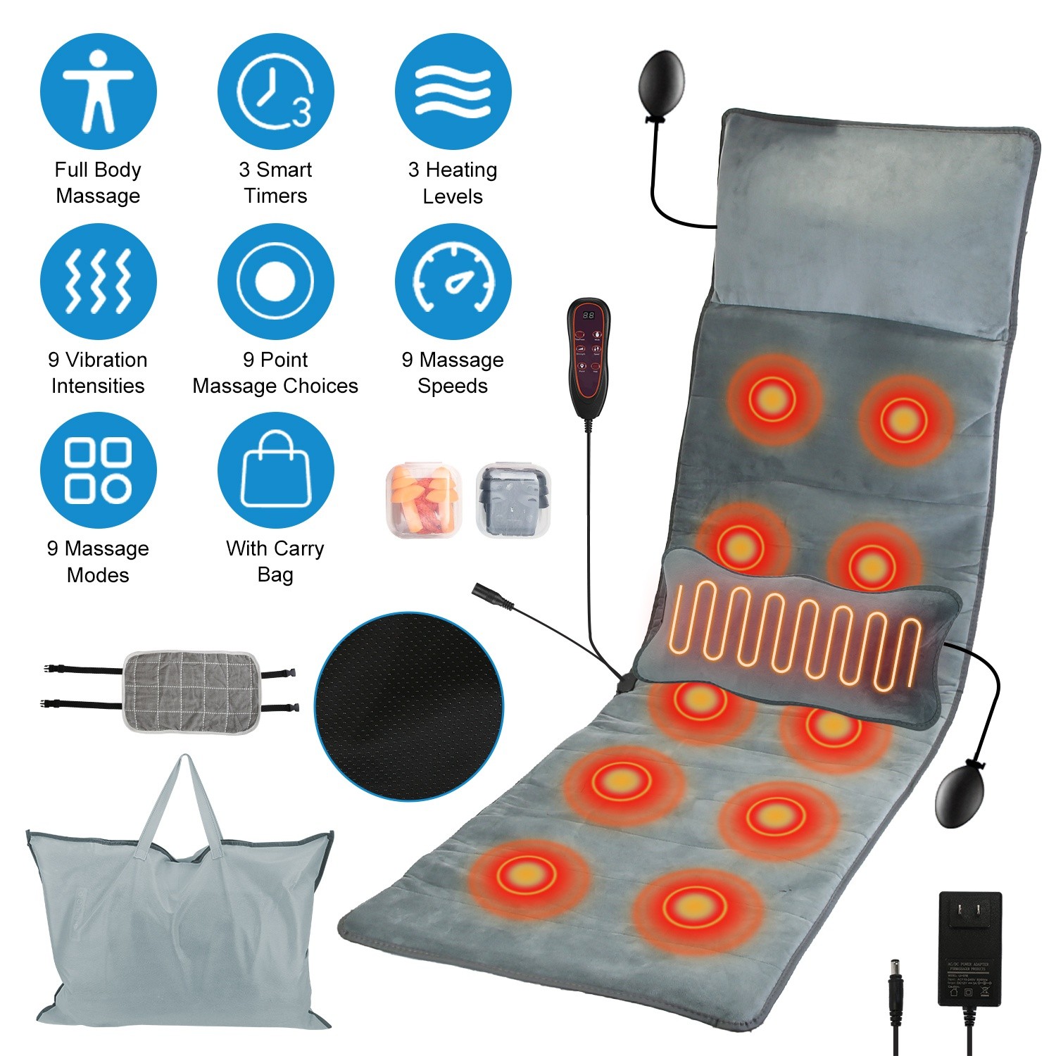 9 Mode Massage Mat Seat Heated Chair Pad Cushion Home Office Back Neck Lumbar